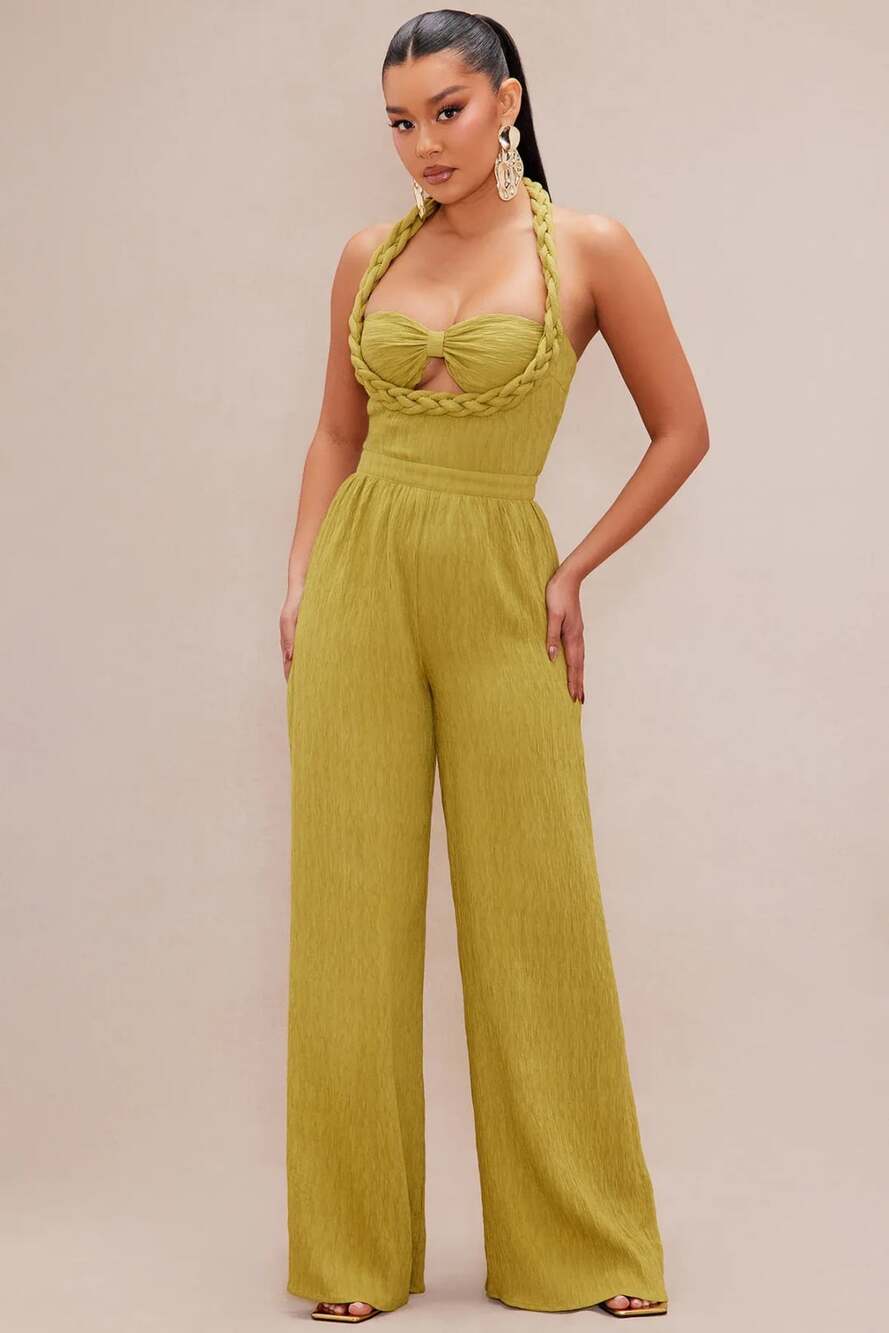 Fashion Nova Chelsea Textured Jumpsuit Olive Green